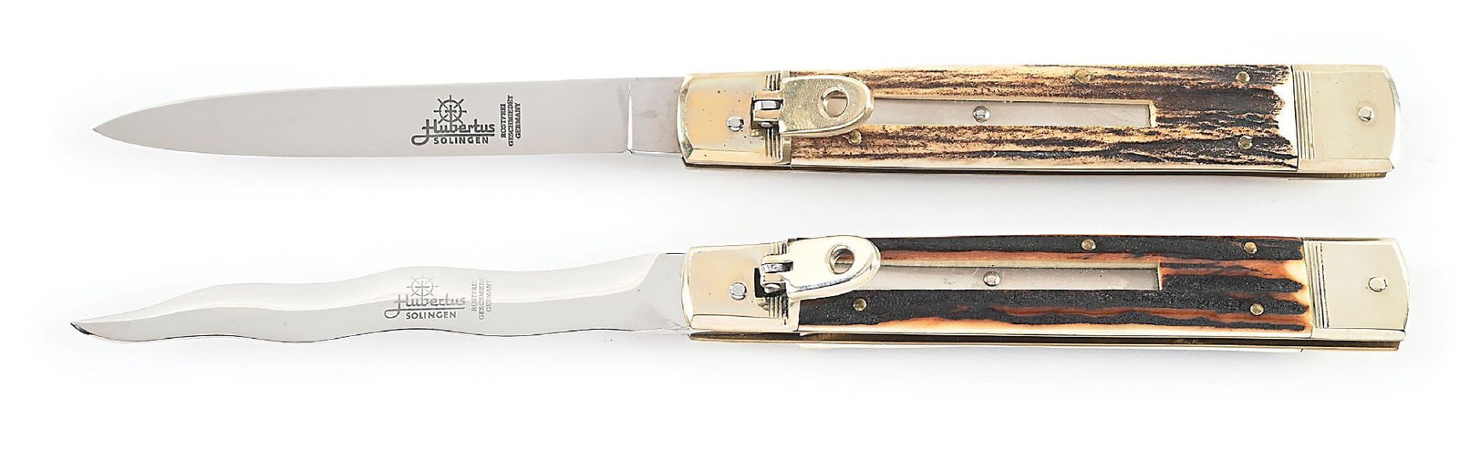 LOT OF 2: C.1970S-90S HUBERTUS SOLINGEN GERMANY ROSTFREI STAG LARGE SLIMLINE SWITCHBLADES. (1 of 8)