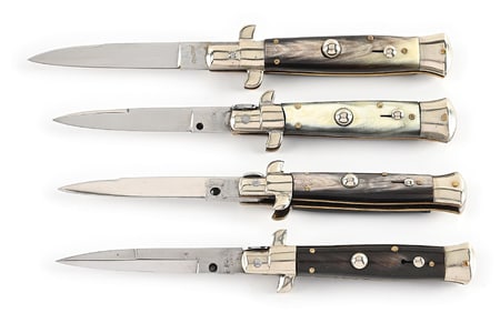 LOT OF 4: C. 1950S-60S ITALIAN STILETTO SWITCHBLADES INCLUDING PICK LOCKS, SWIVEL BOLSTERS, AND