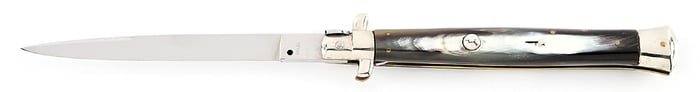 C.1950S INOX BAYONET BLADE ITALIAN STILETTO SWIVEL BOLSTER SWITCHBLADE WITH BRAZILIAN COW HORN