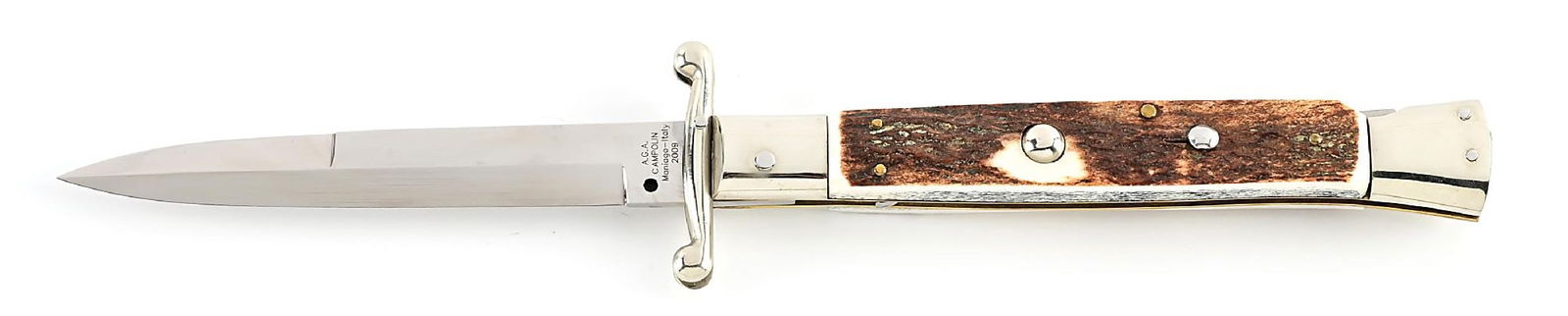 C. 2009 A.G.A. CAMPOLIN MANIAGO ITALY ITALIAN STILETTO SWING GUARD LOCK BACK SWITCHBLADE WITH STAG (1 of 7)