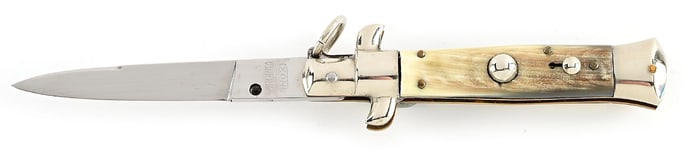 C. 1950S VIRGINIA INOX ITALIAN STILETTO RING PULL PICK LOCK SWITCHBLADE WITH BRAZILIAN COW HORN