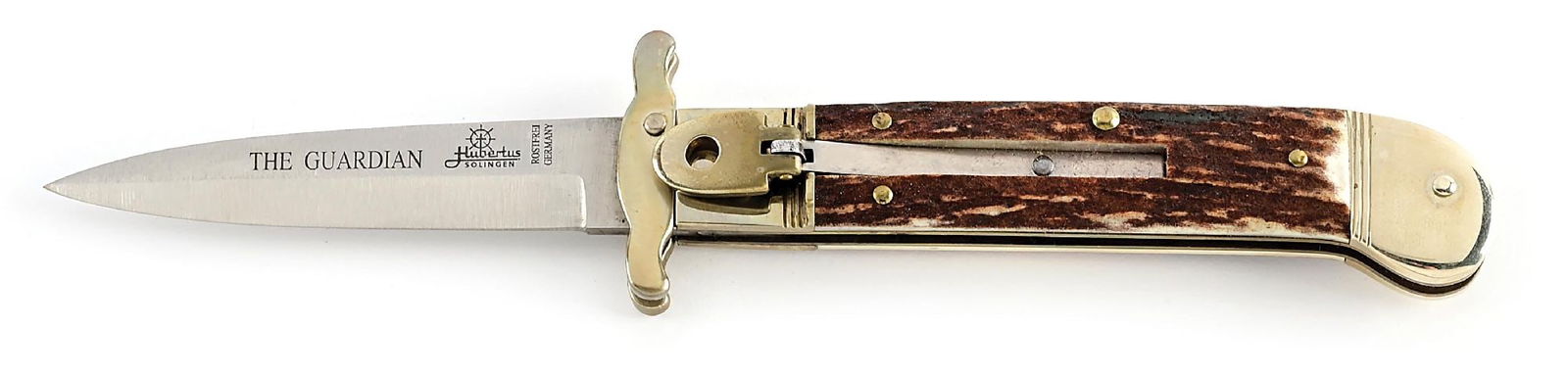 HUBERTUS SOLINGEN GERMANY GUARDIAN FOLDING GUARD STAG HANDLE LEVER LOCK SWITCHBLADE.: C. 1900’s-early 2000’s. Appears unused and unsharpened. Stag handles. Blade is etched on obverse “THE GUARDIAN HUBERTUS ROSTFREI GERMANY”. Nickel silver bolsters and brass
