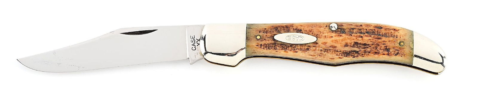 C. PRE-1949 CASE XX 5165 HIGH PULL FLAT GROUND BLADE FOLDING HUNTER WITH SECOND CUT STAG HANDLE.: Appears unused and unsharpened condition with scattered light age spots on the blade. The main clip blade is flat ground and tang is stamped “CASE XX” on obverse. Pre-1949 in correct