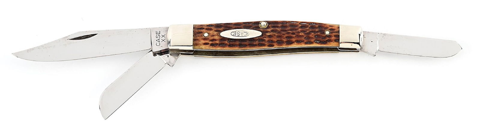 C. 1940-1964 CASE XX 6375 STOCKMAN REGULAR PULL MAIN BLADE WITH JIGGED GREEN BONE HANDLES.: Appears unused and unsharpened. The regular pull main blade is tang stamped “CASE XX” on the obverse and “6375” on the reverse. Nickel silver bolsters and liners. High