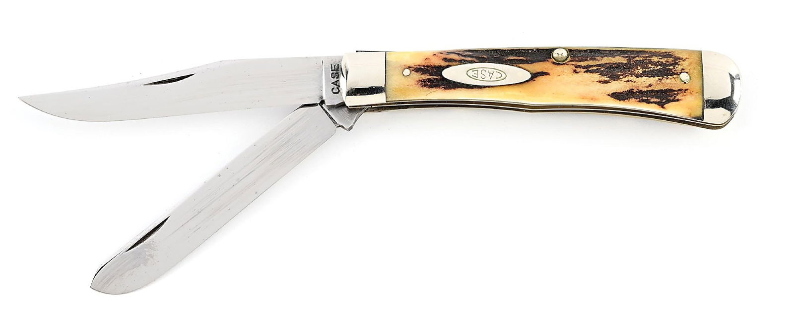 C. 1940-1964 CASE XX 5254 TRAPPER WITH STAG HANDLES.: Appears unused and unsharpened. The regular pull main blade is tang stamped “CASE XX” on the obverse and “5254” on the reverse. High “S” XX shield. Nickel silver