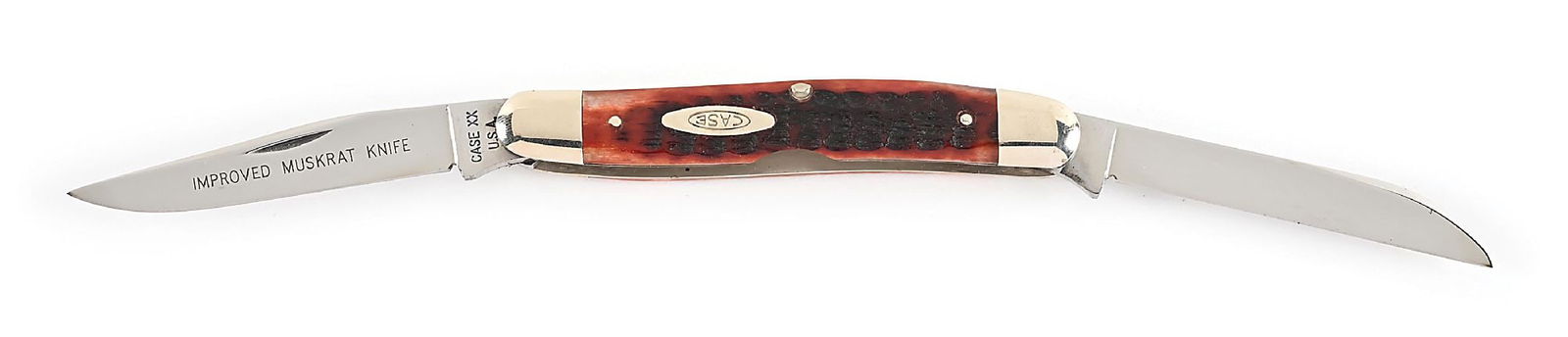 C.1965-1969 CASE XX USA TO 10 DOT HAWBAKER IMPRPOVED MUSKRAT WITH PRETTY REDDISH BONE HANDLES.: Appears unused and unsharpened with full and clear etching on both blades. Main blade is tang stamped “CASE XX USA” on obverse. Hawbaker blade is tang stamped “CASE XX USA”