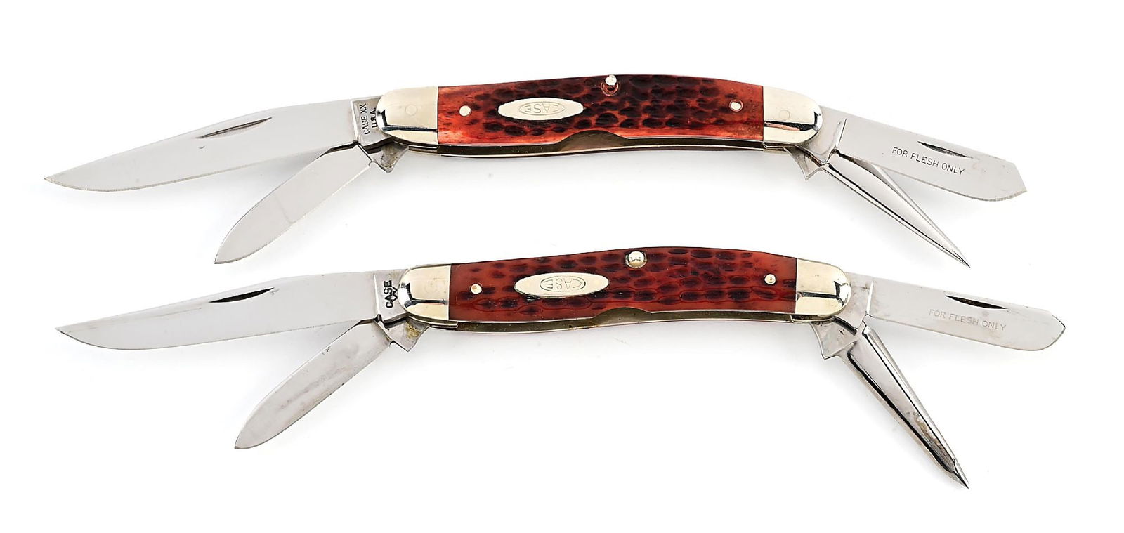 LOT OF 2: CASE XX USA FIVE DOT 64047P AND CASE XX 64047P FOUR BLADE STOCKMANS WITH PUNCH BLADE: Lot consists of: (A) c.1975 CASE XX USA 64047P with five dots underneath reddish bone four blade stockman with punch. Appears unused and unsharpened. The main blade is tang stamped “CASE XX USA&