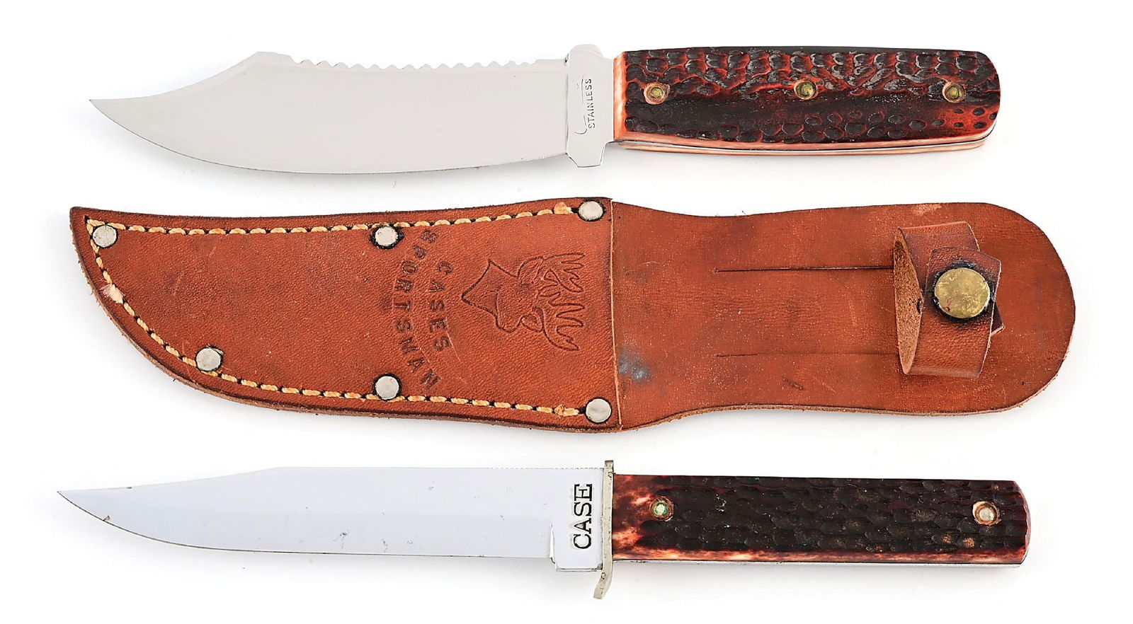 LOT OF 2: CASE STAINLESS AND CASE HUNTING KNIVES WITH RED BONE HANDLES. (1 of 7)