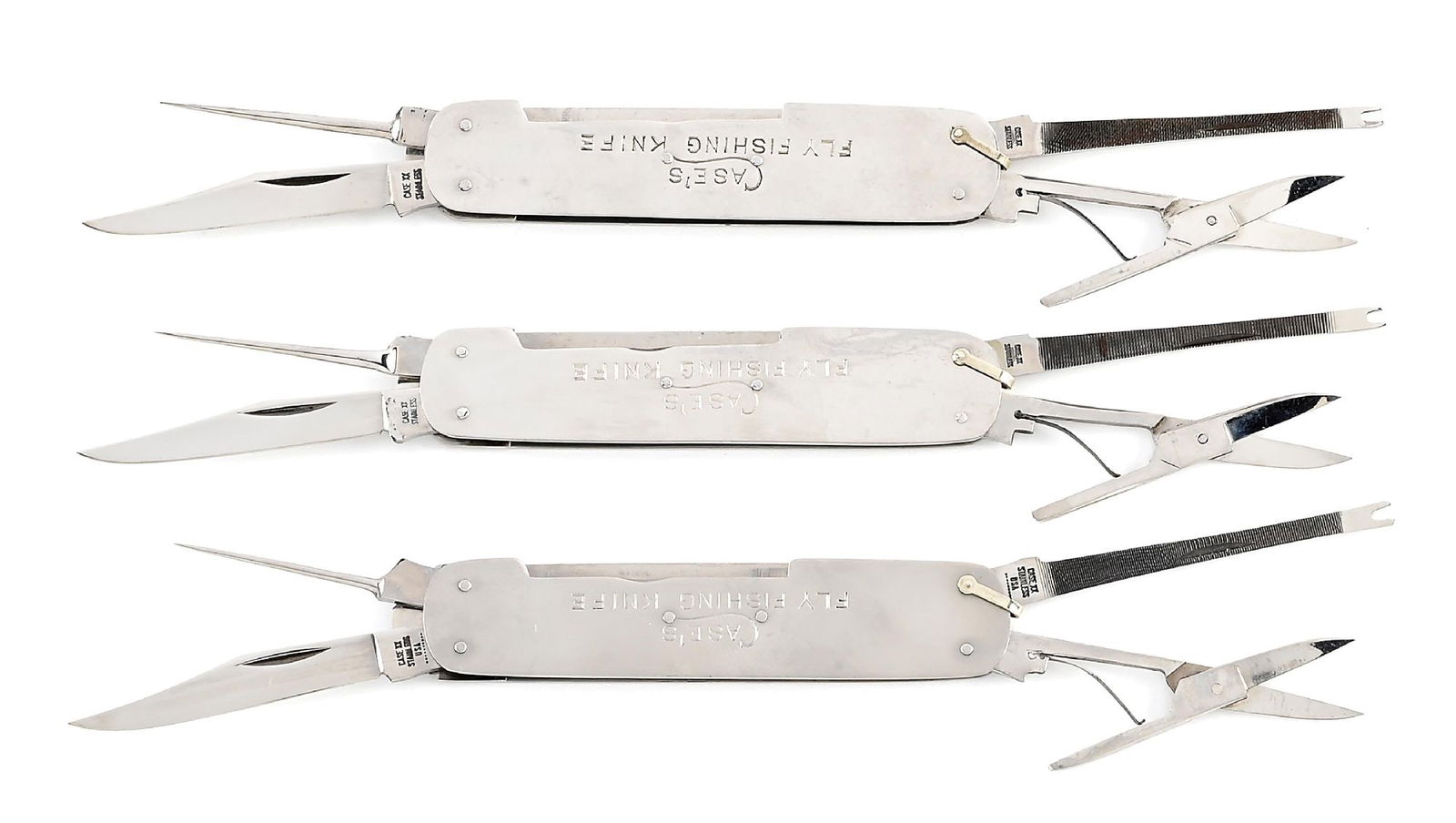 LOT OF 3: CASE XX STAINLESS CASE’S FLY FISHING KNIVES. (1 of 8)