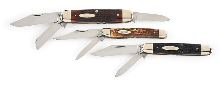 LOT OF 3: CASE XX 6345-1/2 CATTLEMAN, CASE XX 62087 GREEN BONE HANDLE SERPENTINE STOCKMAN, AND CASE