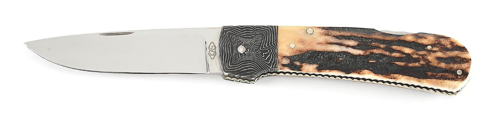 CUSTOM KEN STEIGERWALT STAG HANDLE LOCK BACK FOLDER.: Appears unused and unsharpened. Blade is tang marked with on obverse “KAS” inside a shield and “Forks, PA” inside the backstrap. Locks open firmly. File worked nickel silver li