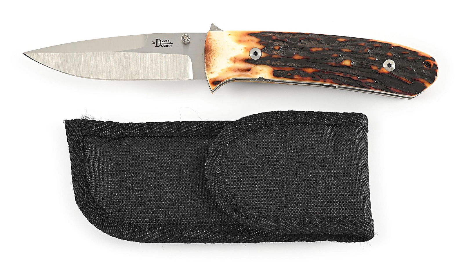 BOB DOZIER 2011 CUSTOM MADE AMBER STAG LARGE UTILITY LARGE HUNTER LINER LOCK.: Appears unused and unsharpened. Titanium liner lock. Blade is etched “2011 Dozier” on obverse and “D2” on reverse. Beautiful amber stag handles. Micarta back spacer. Thumb stud