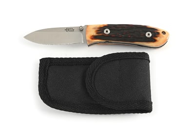 BOB DOZIER 2010 CUSTOM MADE AMBER STAG SMALL FOLDING HUNTER LINER LOCK.