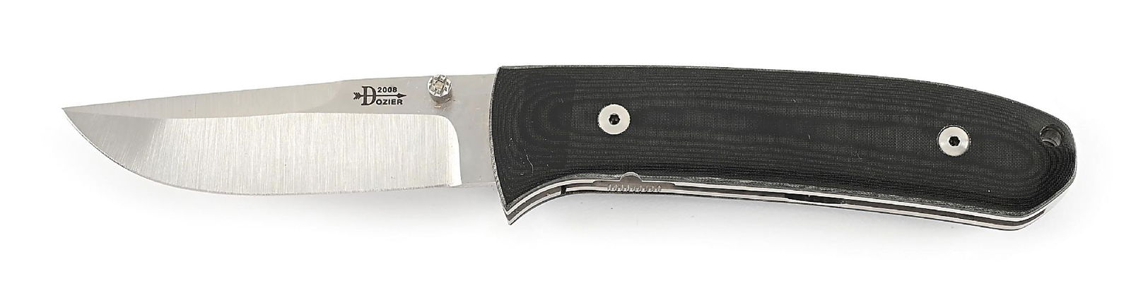 BOB DOZIER CUSTOM MICARTA TRAPPER FOLDING HUNTER.: Appears unused and unsharpened. D2 steel blade with thumb stud opener. “Dozier 2008” etched on obverse blade. Locks open firmly. Titanium liners. Pocket clip. Titanium back spacer. Closed