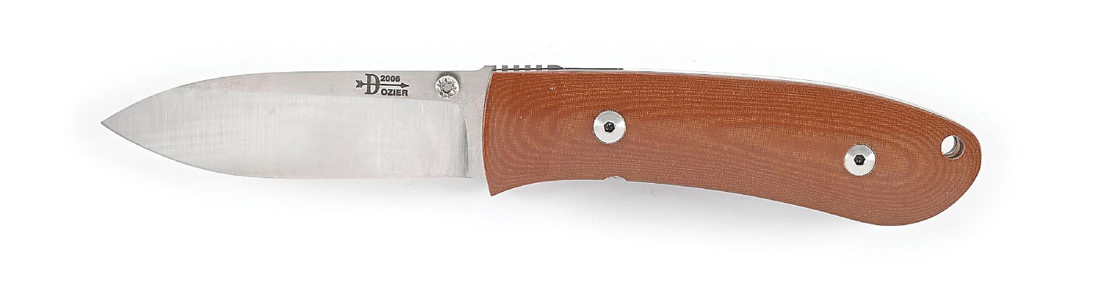 BOB DOZIER CUSTOM MICARTA MEDIUM FOLDING HUNTER.: Appears unused and unsharpened. D2 steel blade with thumb stud opener. “Dozier 2006” etched on obverse blade. Locks open firmly. Titanium liners. Pocket clip. Ivory back spacer. Closed len