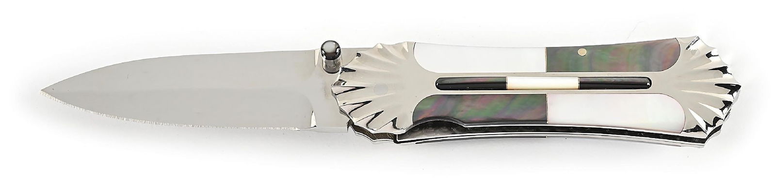 CUSTOM MADE KOJI HARA MOTHER-OF-PEARL ORNATE LINER LOCK FOLDER. (1 of 6)