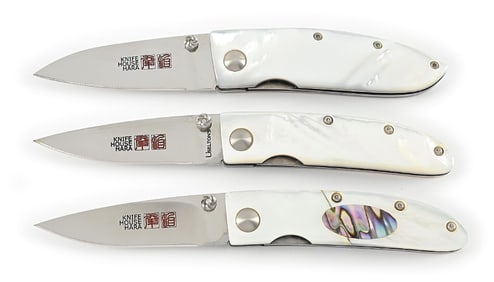 LOT OF 3: KNIFE HOUSE HARA MOTHER OF PEARL KOJI HARA LINER LOCK FOLDING KNIVES.