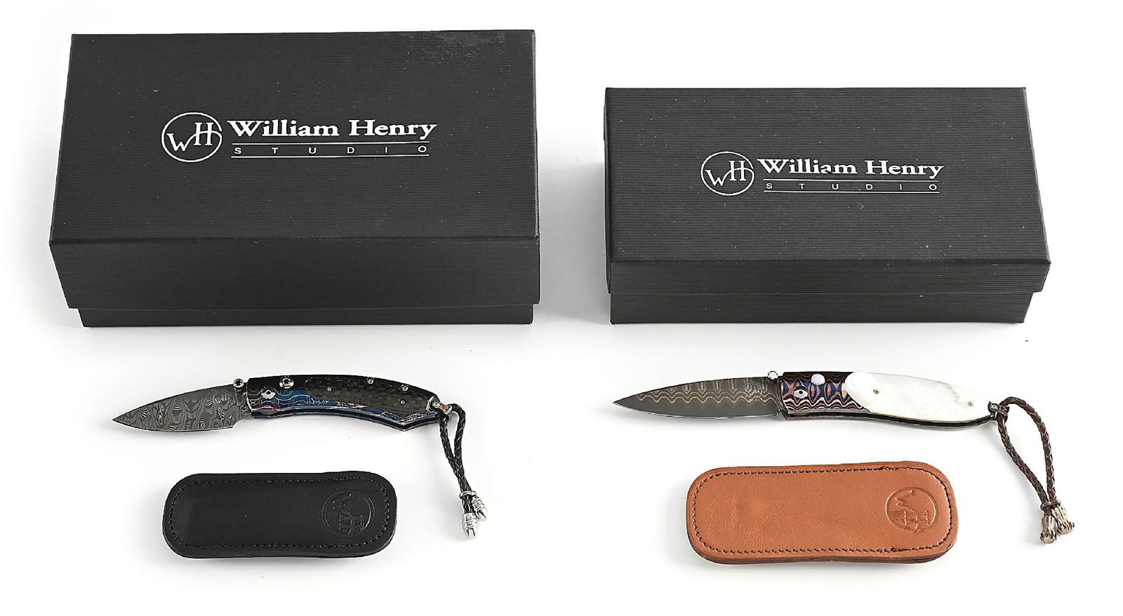LOT OF 2: WILLIAM HENRY B09 BLUERAY AND B05 BUTTON LOCK FOLDING KNIVES.: Lot consists of: (A) William Henry Kestrel B09 Blueray button lock folding knife that features a Mike Norris hand forged "Hornets Nest" Damascus blade with a sapphire thumb stud and button. The blade