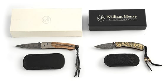 LOT OF 2: WILLIAM HENRY B10-AG1 AND T09 AG-KD A.G. RUSSELL EXCLUSIVE BUTTON LOCK FOLDING KNIVES.