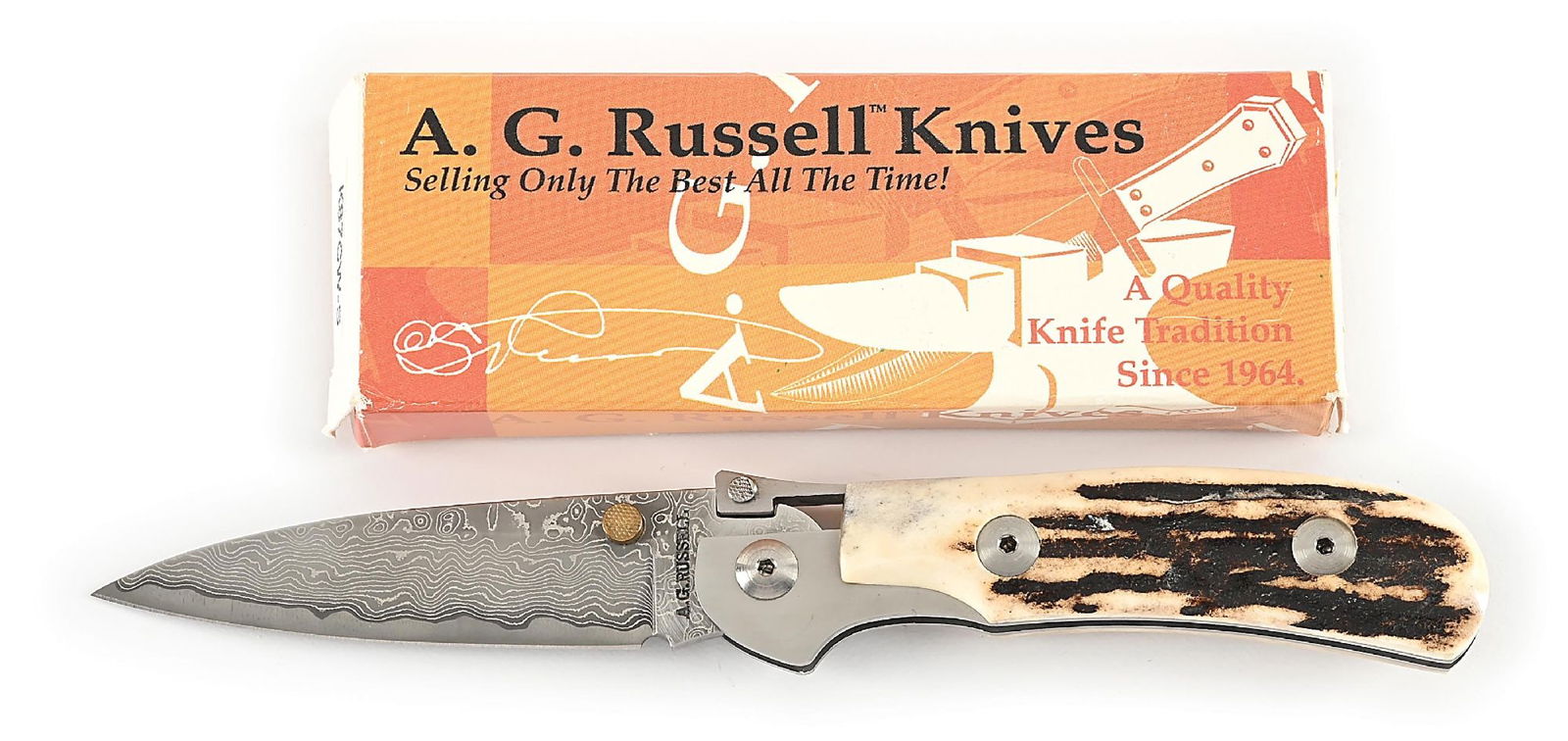 AG RUSSELL K87CW-S ONE-HAND KNIFE DAMASCUS BLADE WITH STAG HANDLES. (1 of 9)