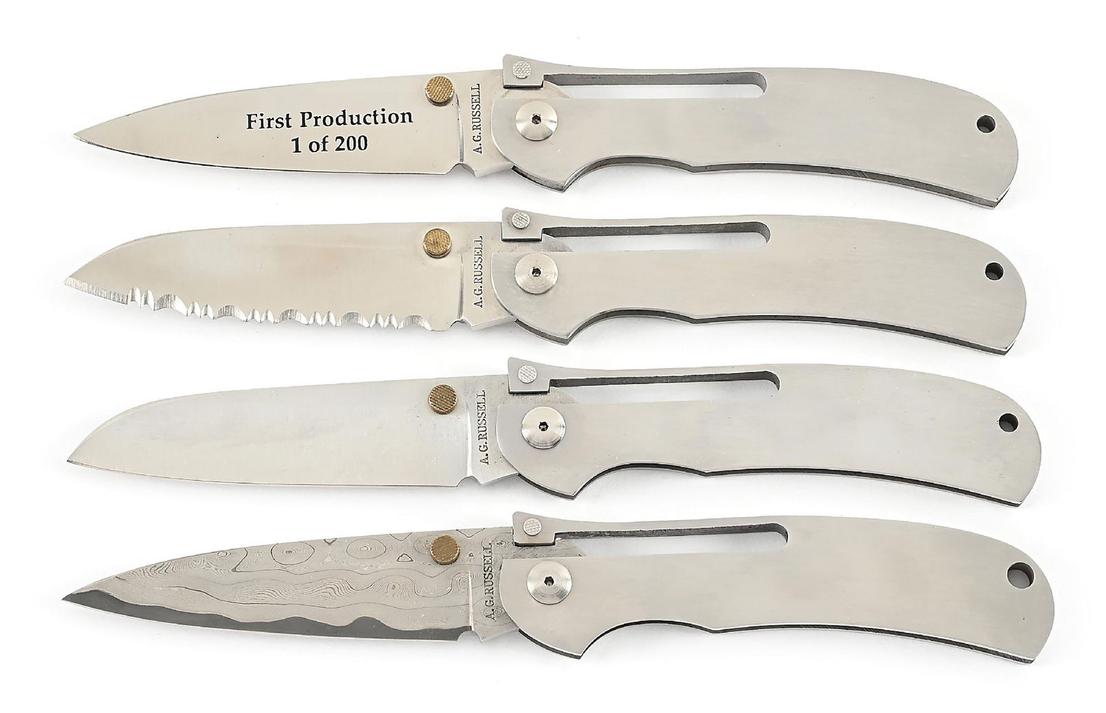 LOT OF 4: AG RUSSELL ONE-HAND FOLDING KNIVES INCLUDING K87 AND DAMASCUS. (1 of 11)