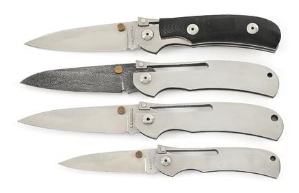LOT OF 4: AG RUSSELL SPRINGDALE, ARKANSAS ONE-HAND FOLDING KNIVES INCLUDING K87 AND DAMASCUS.