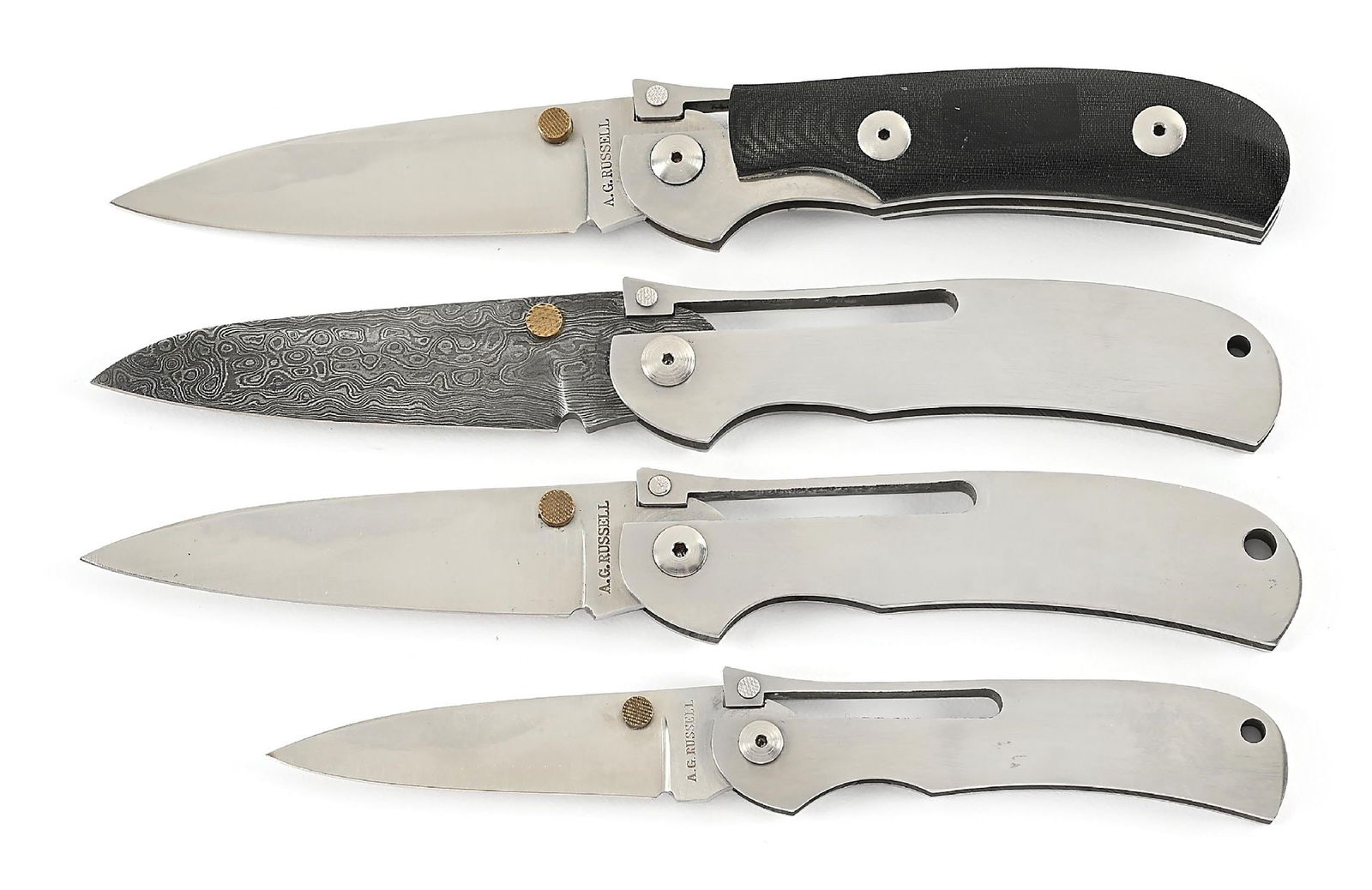 LOT OF 4: AG RUSSELL SPRINGDALE, ARKANSAS ONE-HAND FOLDING KNIVES INCLUDING K87 AND DAMASCUS. (1 of 10)
