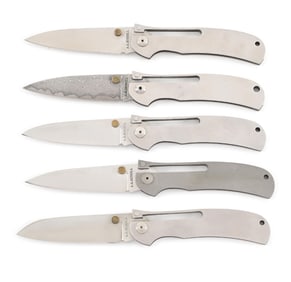 LOT OF 5: AG RUSSELL SPRINGDALE, ARKANSAS ONE-HAND FOLDING KNIVES INCLUDING K87 AND DAMASCUS.