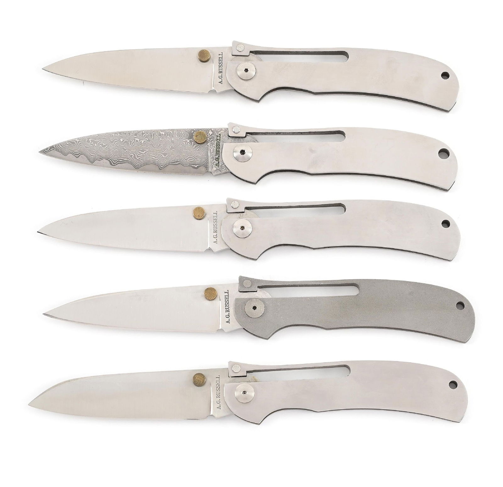 LOT OF 5: AG RUSSELL SPRINGDALE, ARKANSAS ONE-HAND FOLDING KNIVES INCLUDING K87 AND DAMASCUS.: Lot consists of: (A) Appears unused and unsharpened. “AG RUSSELL” marked on blade obverse. Opens and closes with snap. Locks open firmly. Thumb stud opener. Stainless steel handle. CONDITI