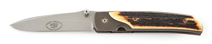 ROBERT TERZUOLA STAG HANDLE TITANIUM FRAME LINER LOCK FOLDER.