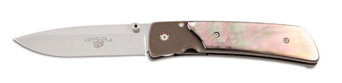 ROBERT TERZUOLA BLACK LIP PEARL AND TITANIUM HANDLE LINER LOCK FOLDER.