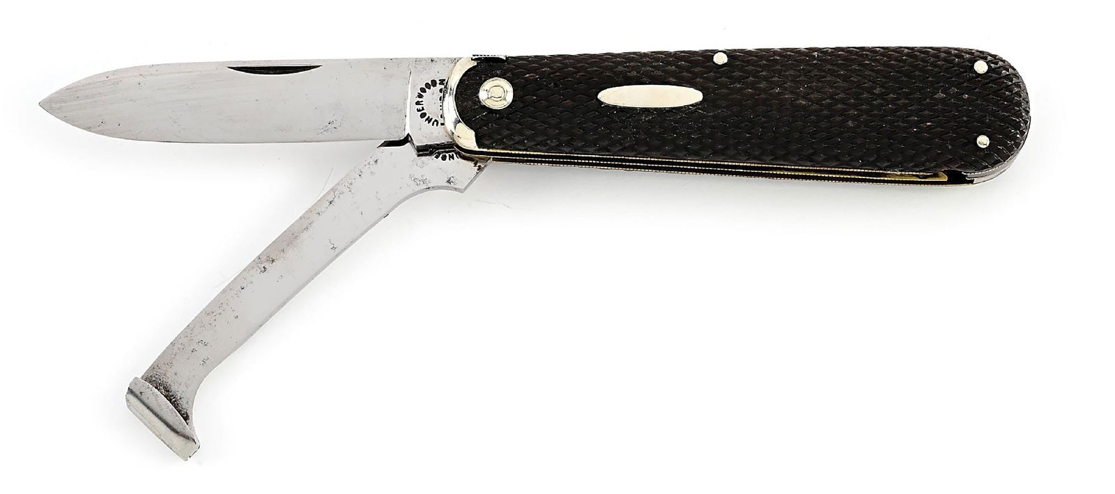 UNDERWOOD LONDON PICK LOCK HORSEMAN’S KNIFE WITH CHECKERED THISTLE HANDLE AND HORSESHOE (1 of 6)