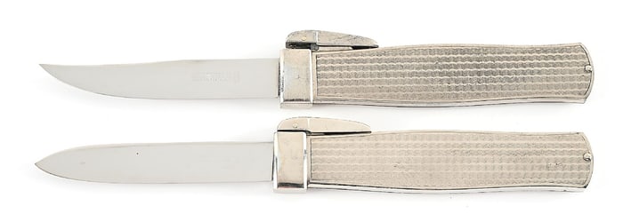 LOT OF 2: ANTON WINGEN JR. ENGINE TURNED METAL HANDLE GRAVITY KNIVES.