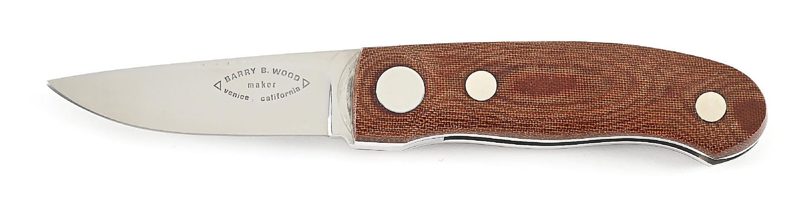 CUSTOM MADE BARRY B. WOOD VENICE, CALIFORNIA “FUNNY FOLDER” #98.: Appears unused and unsharpened. Marked inside on obverse liner “#98”. Blade is marked on obverse “BARRY B. WOOD VENICE CALIFORNIA” and “U.S. PAT. 3702501” on revers