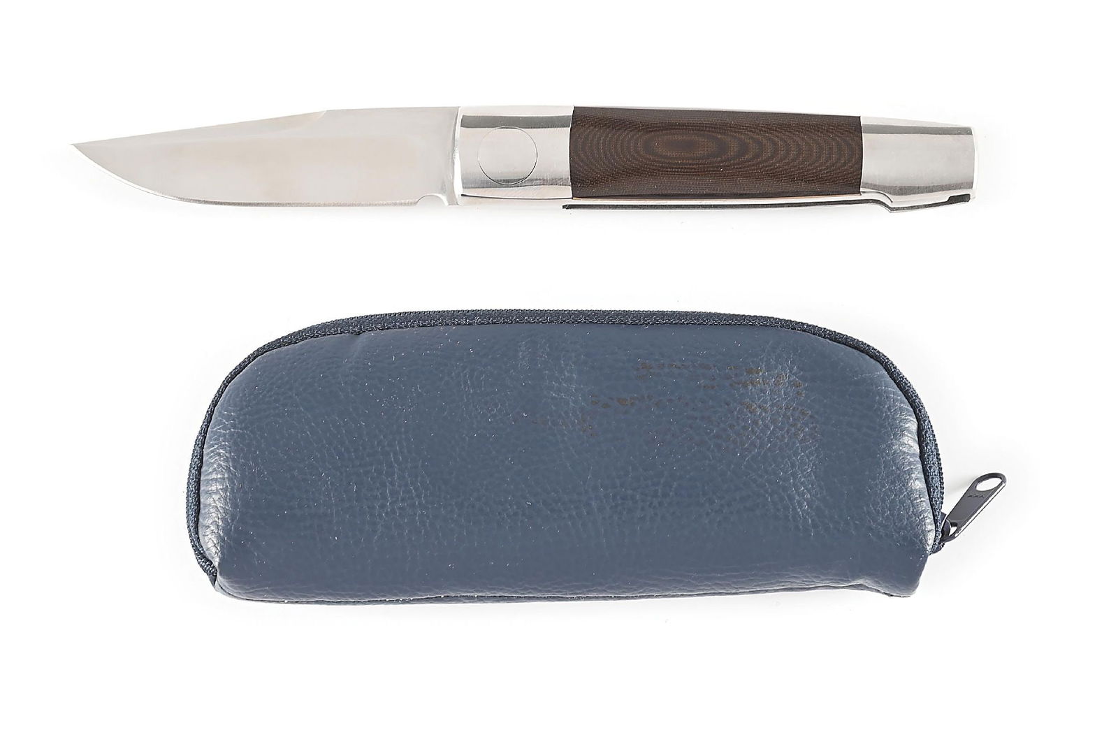 CUSTOM MADE BARRY WOOD MKII MICARTA HANDLE FOLDER.: Appears unused and unsharpened. Clip blade. Inside reverse scale is marked “BW US PATENT 3702501”. Locks open and close firmly. With pouch. Closed length 4 - 1/2”. CONDITION: Excelle