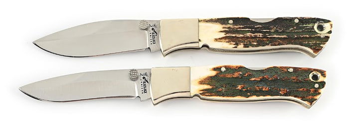 LOT OF 2: C. 1980S BLACKJACK STAG HANDLE YUKON SKINNER AND MAMBA LOCK BACK FOLDERS.