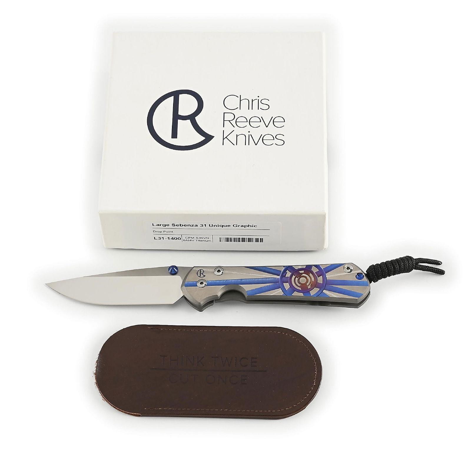 BOXED CHRIS REEVE LARGE SEBENZA 31 UNIQUE GRAPHIC.: Features a drop point S35VN blade with anodized titanium thumb stud and knurled thumb rest. Titanium frame is marked near the pivot screw on obverse with the “CR” logo and "IDAHO MADE" on