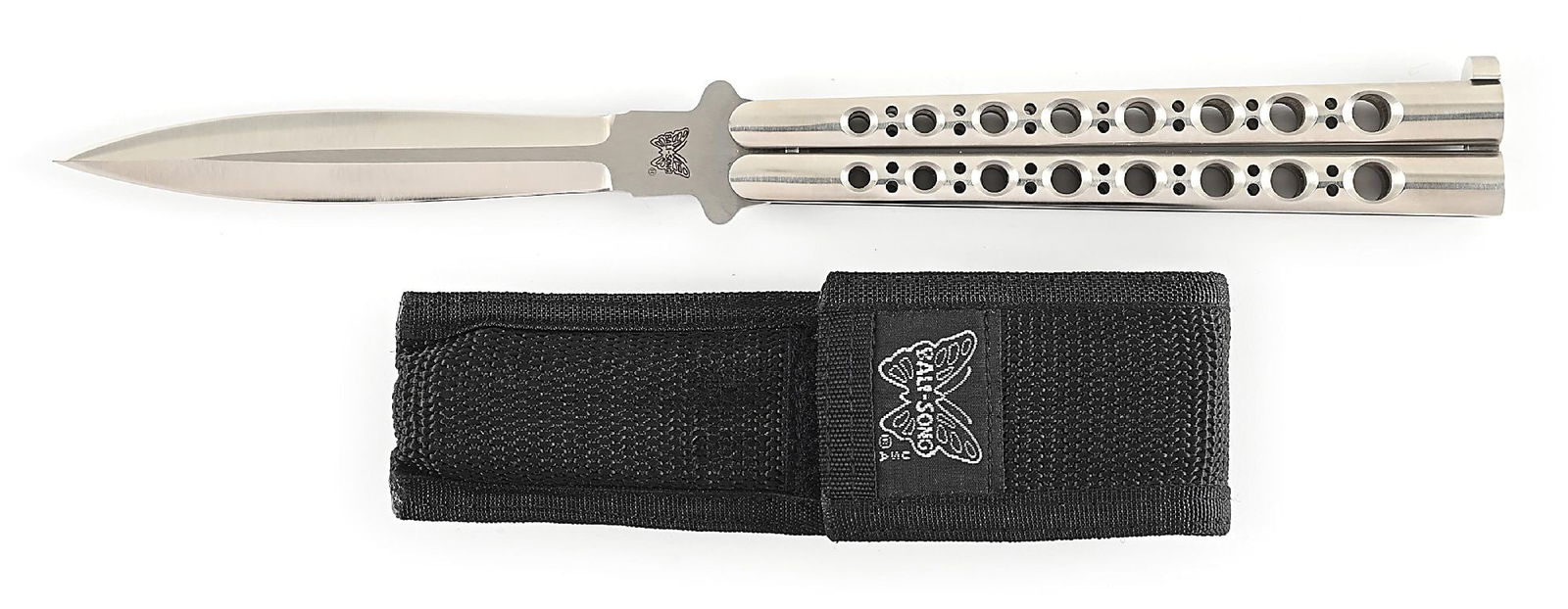 C. 1980S CUSTOM MADE BALI-SONG USA PACIFIC CUTLERY JODY SAMSON GROUND DAGGER BLADE SKELETON HANDLE: Appears unused and unsharpened. Blade is marked with the “Bali-Song” Butterly logo on obverse and “Bali-Song USA” on reverse. Stainless steel skeleton handles. Stainless steel