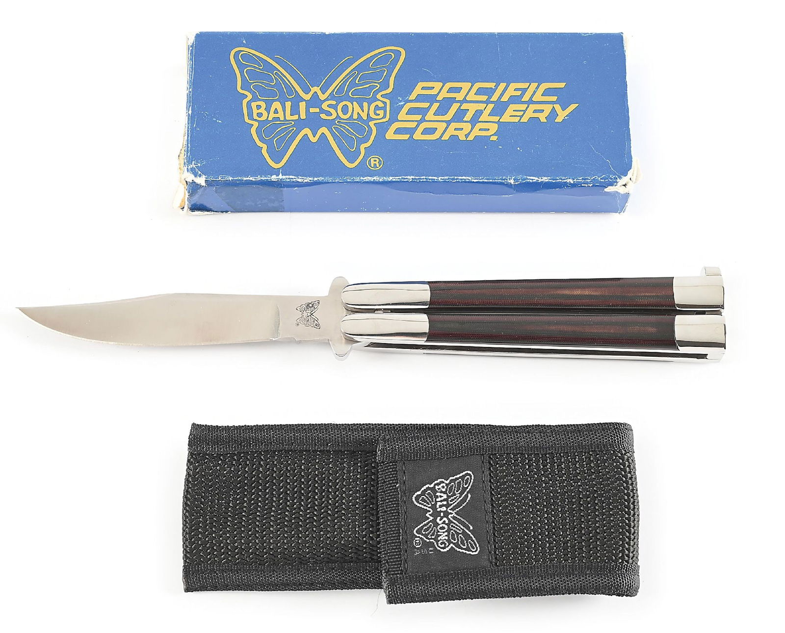 CUSTOM PACIFIC CUTLERY BALI-SONG USA JODY SAMSON BUTTERFLY KNIFE.: Appears unused and unsharpened. Bali-Song USA on reverse tang and Bal-Song Butterfly logo on obverse blade. Imada high hollow ground blade. Micarta handles. Original box and nylon pouch. Closed length