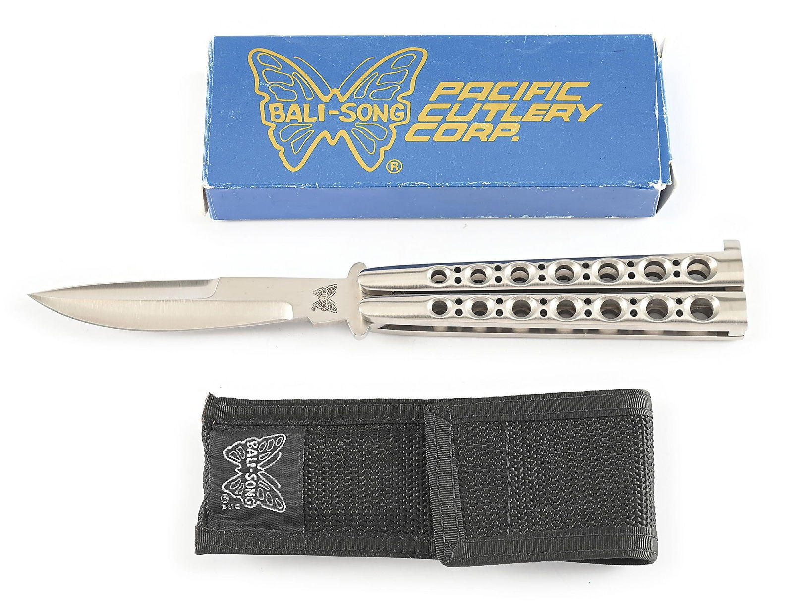 CUSTOM PACIFIC CUTLERY BALI-SONG USA JODY SAMSON MODEL 403.: Appears unused and unsharpened. Bali-Song USA on reverse tang and Bal-Song Butterfly logo on obverse blade. Weehawk blade. Skeleton handles. Original box and nylon pouch. Closed length 5”. CONDI