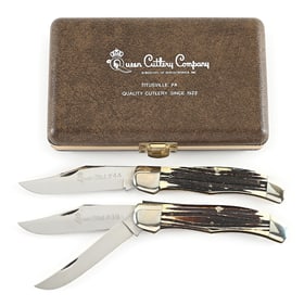 LOT OF 2: QUEEN FOLDING HUNTER FOLDING KNIVES #33 AND #44 WITH WINTERBOTTOM BONE IN QUEEN HARDSHELL