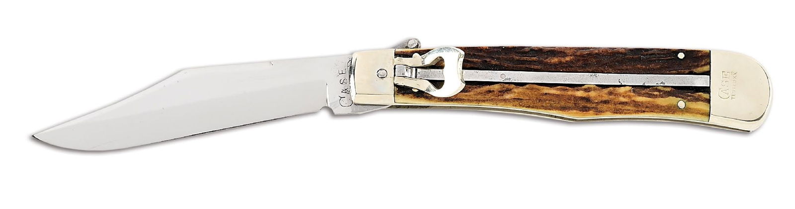 RARE. C. 1920-1940 CASE TESTED XX 5171L LARGE STAG HANDLE LEVER LOCK SWITCHBLADE.: Appears unused and unsharpened. Large clip blade is tang stamped “CASE TESTED XX” with a long tail “C” on obverse. Lower bolster is stamped “CASE TESTED XX” on obve