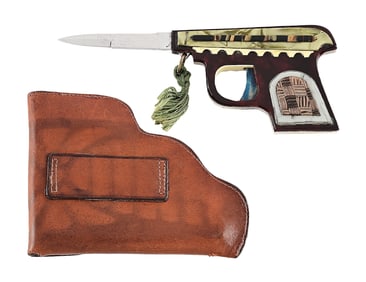 RARE LATAMA ITALY FANCY CELLULOID PISTOL RING PULL PICK LOCK SWITCHBLADE KNIFE WITH LEATHER HOLSTER.