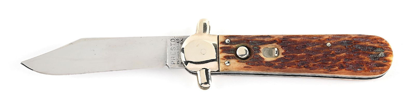 GEO. SCHRADE KNIFE CO. INC. PRESTO JIGGED BONE HANDLE DERBY COVER BOLSTERS SWITCHBLADE. (1 of 7)