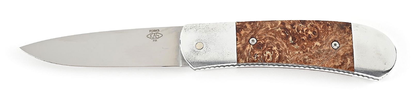 CUSTOM KEN STEIGERWALT SCALE RELEASE SWITCHBLADE.: Appears unused and unsharpened. Blade is marked on obverse “FORKS KAS PA”. File worked aluminum liners. Works fine. Locks open firmly. Aluminum bolsters. Closed length 4 - 1/8”. COND