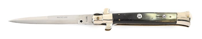 C. 1950S RAIMONDO ROSTFREI ITALIAN STILETTO PICK LOCK SWITCHBLADE WITH BRAZILIAN COW HORN HANDLES.