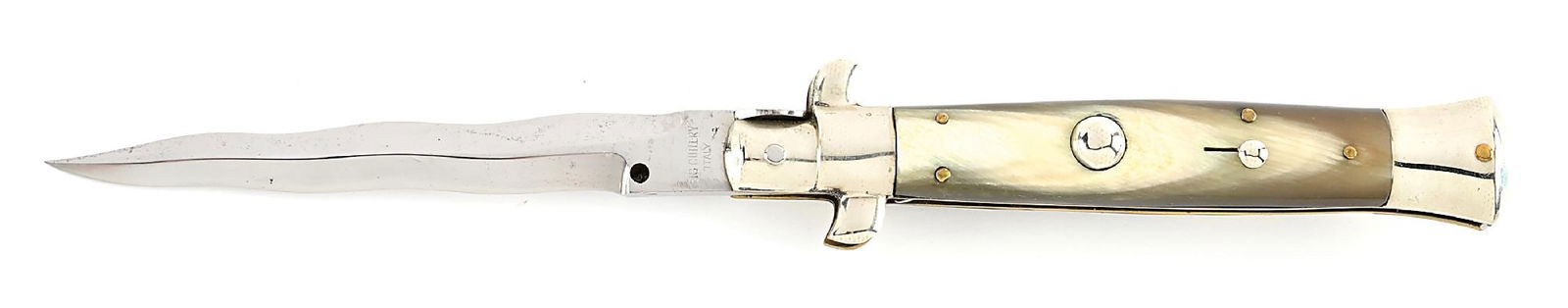 RARE C.1950S EIG CUTLERY ITALY KRIS BLADE ITALIAN STILETTO PICK LOCK SWITCHBLADE WITH BRAZILIAN COW: Appears unused and unsharpened. Kris blade is tang stamped “EIG CUTLERY ITALY” on the obverse. Brazilian cow horn handles. Nickel silver bolsters and brass liners. Works fine. Locks open f