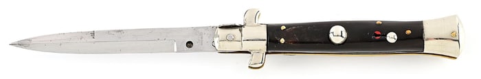RARE C.1950S EDWIN JAY MADE IN ITALY RED DOT PICK LOCK STILETTO SWITCHBLADE WITH BRAZILIAN COW HORN