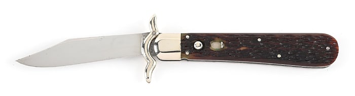 GEO. SCHRADE KNIFE CO. INC. PRESTO JIGGED BONE HANDLE LAZY “W” FOLDING GUARD