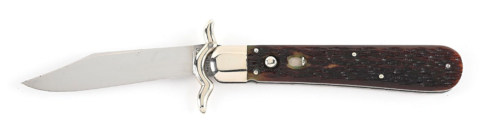 GEO. SCHRADE KNIFE CO. INC. PRESTO JIGGED BONE HANDLE LAZY “W” FOLDING GUARD (1 of 7)